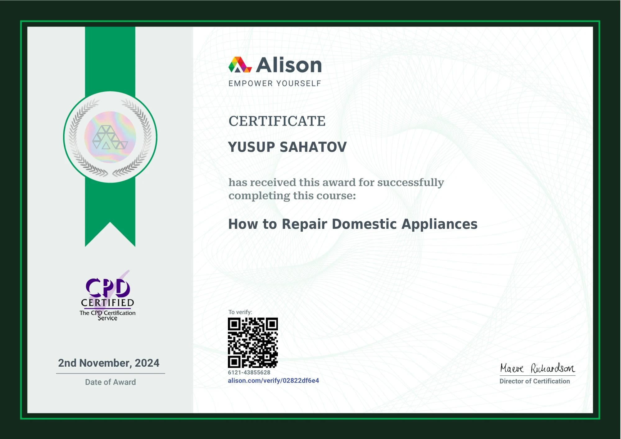 Alison certificate awarded to Yusup Sahatov for completing How to Repair Domestic Appliances