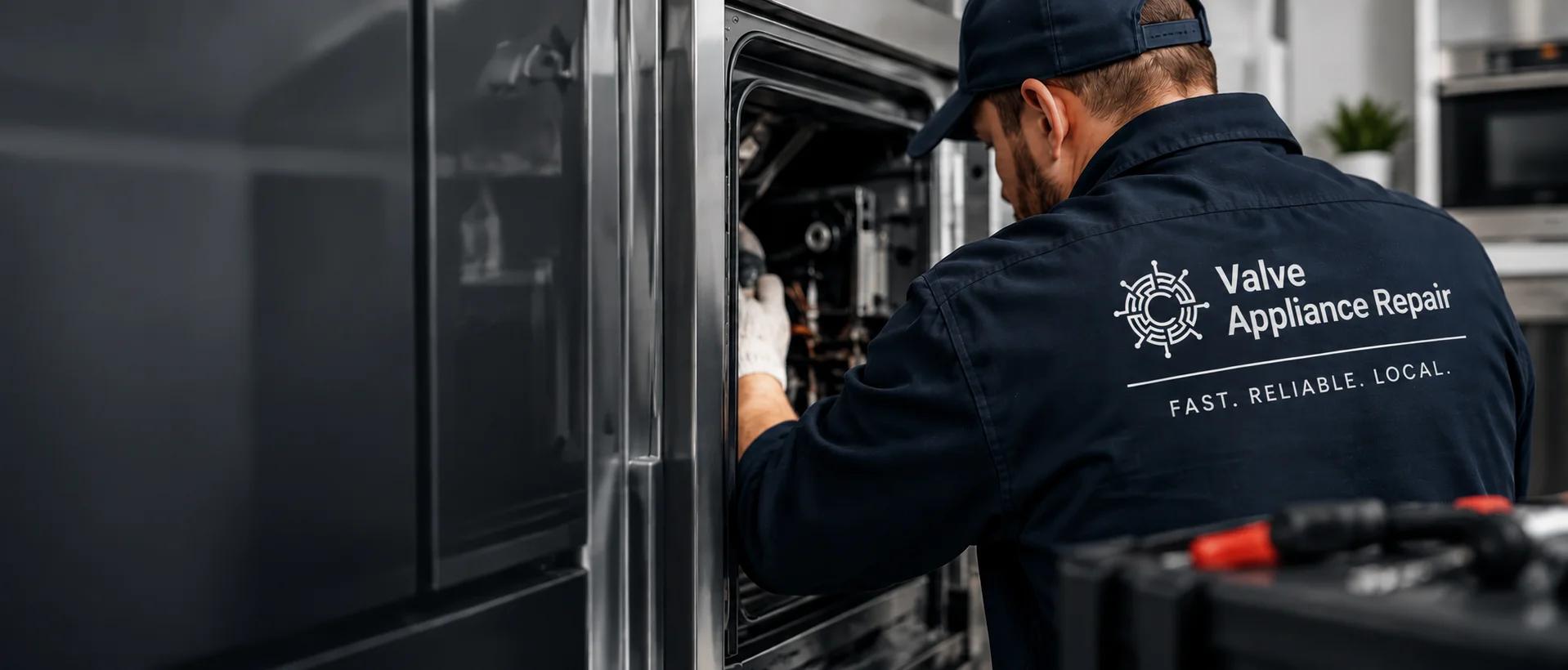 Valve Appliance Repair technician in uniform repairing an appliance